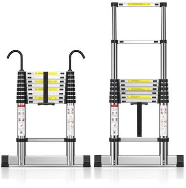 TECKNET Teleskopleiter 2,6m, Belastung 150kg/ 330lbs, Aluleiter Ausziehbar mit Stabilisatorstange und abnehmbaren Haken, Mehrzweckleiter für Dachboden Büro Wohnmobil Klettern