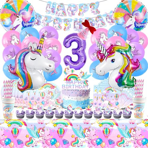 101pcs Decoration Anniversaire Licorne,Kit Anniversaire Licorne 3 ans,Ballon Licorne,Vaisselle de Fête de Licorne,Licorne Ballon Assiettes Tasses Nappe Serviettes Bannière pour 10 Invités