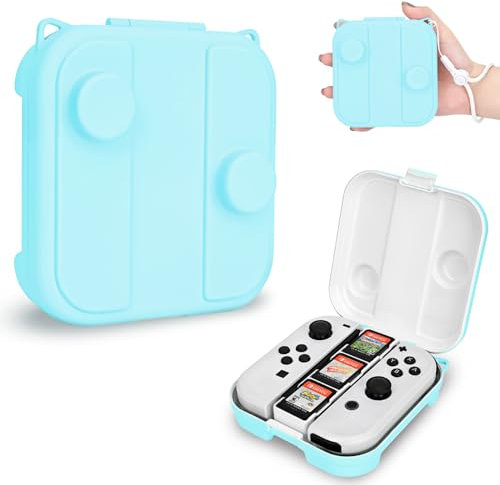 DLseego Cute Cat Hook Switch Storage Case for Joy-con, Protective Box Fit Switch/OLED Joy-Con with Cover, Portable Joy-con Travel Carrying Case with 3 Game Card Slots & 1 Lanyard - Blue