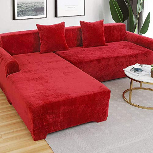 ESOUY Einfarbiger Sofabezug aus Plüsch, Stretch-Sofabezug, L-förmiger Sofabezug, Schnittsofabezug für 4-Sitzer-Ledersofa, Rot