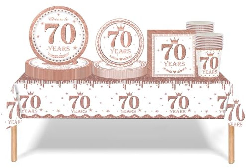 69pcs Rose Gold 70th Birthday Decorations for Women - Tableware Set With Tablecloth, Plates, Napkins, Cups for Her Birthday Table Decorations and Gifts