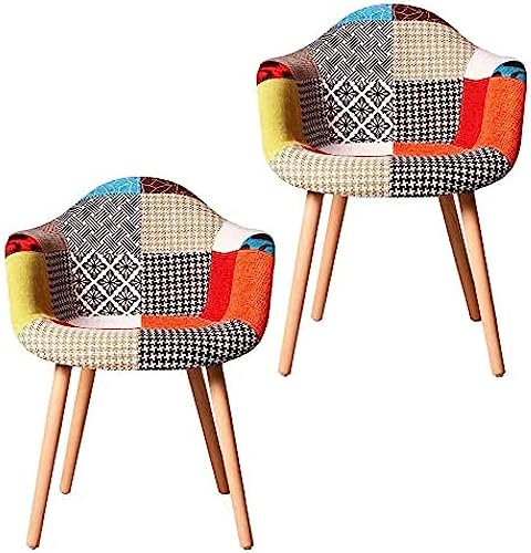 Esszimmerstühle mit Massivholzbeinen, mit Leinensesseln mit Patchwork-Druck, Küchenstuhl, Wohnzimmerstuhl, Retro-Design, 2 Stück