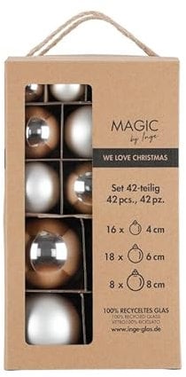 MAGIC by Inge - Weihnachtskugeln Set 42-teilig Frosty Silver, mit den Durchmessern 4 cm, 6 cm und 8 cm, Christbaumschmuck Glas