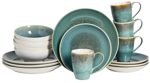 CreaTable, 24303, Serie Caldera Grün, 16-teiliges Geschirrset für 4 Personen, Kombiservice aus Steinzeug, spülmaschinen- und mikrowellengeeignet, Qualitätsproduktion