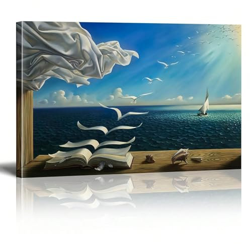 Zhadongli Art Impression sur toile représentant un livre et un oiseau, Salvador Dali, célèbre peinture sur toile pour décoration murale de salon ou de bureau, 80 x 120 cm (31 x 47 pouces) avec cadre