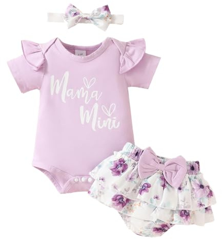 LUVCES Neonata Bambina Abbigliamento Estivi Carino Lettera Stampa Manica Corta Body T-Shirt Top + Pantaloncini Stampati + Fascia 3 Pezzi Set Viola Mamas Mini 6-9 Mesi