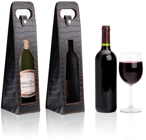 2PCS Single Bottle Wine Tote, Reusable Leather Wine Bag Tote, Black Hollow-Out Wine Tote Bags, Crocodile Grain Wine Gift Bag for Picnic, Travel, Party, Birthday, Wedding, Restaurant (2,Black openwork)