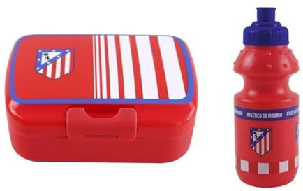 Genérico Set de Sandwichera/Fiambrera + Botella 350 ml compatible con Real Madrid y Atlético Madrid - Set Infantil para meriendas. (Atlético Madrid)