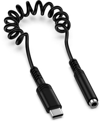 USB C to 3.5mm Aux Jack, Spring Type C to 3.5mm Headphone Aux Digital Audio Earphone Adaptor, Jack to USB C Adapter for Samsung Galaxy S25,Pixel,iPhone 16 15,iPad Pro, HUAWEI More USBC Devices