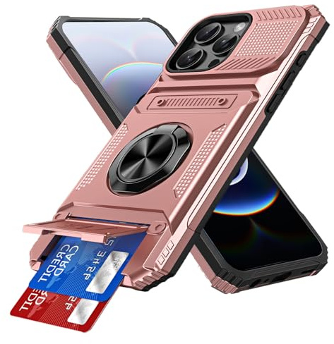 IMEIKONST Card Holder for iPhone 13 Pro Case with Stand, Rose Gold TCKB | Military Grade Drop Protection, Magnetic Ring Kickstand, Anti-Slip Shockproof Cover, Heavy Duty Rugged PC Back