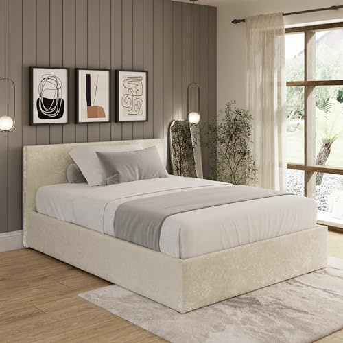 GFW Upholstered End Lift Ottoman Small Double Crushed Velvet Cream Bed 4ft 120cm