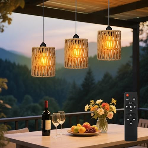 Lot de 3 Suspensions avec Télécommande - Lumière Suspendue en Rotin Dimmable IP44 Étanche - Lampe Boho pour Jardin, Terrasse, Salon - Intérieur & Extérieur sans Prise Electrique-Alimentation par Piles