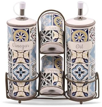 Maestro MR-20005-04S Holiday in Porto Keramik Gewürzset 5-teilig mit Metallständer | Salz- & Pfefferstreuer, Öl- & Essigflaschen | Edles Küchen-Set aus Keramik & Stahl, Geschenkidee