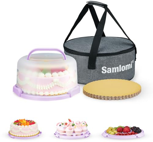Samlomi Cake Carrier With Lid And Handle, Bpa-Free Cake Holder With Lid For 10 Inch Round Cake Carrier With 10 pcs Round Golden Cake Boards And Portable Insulated Bag（Purple）