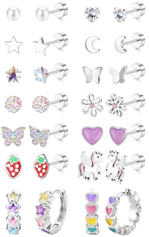 DOCHAIS 14 Paar Ohrringe Mädchen Hypoallergene Chirurgenstahl Medizinische Ohrstecker Kinder mit Flachem Verschluss Mini Creolen Süße CZ Blumen Herz Schmetterling Ohrringe Set Geschenk Mädchen Damen