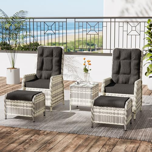 ALAULM 5-teiliges Rattan Gartenmöbel Set mit 2 verstellbaren Relaxsofas, 2 Hockern & 1 Couchtisch, wetterfestes Polstergarnitur für Terrasse, Balkon, Garten (Schwarz)