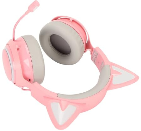 RASTKY Kabelloses Katzenohr-Headset, RGB-Licht, Kopfhörer, 3D-Surround-Sound für Gaming-Laptops, PCs, Lila (PINK)