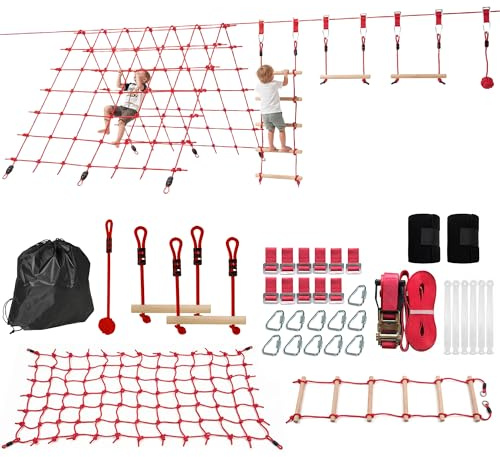 AIYAPLAY Parcours d'obstacles Ninja pour Enfants 10 m 100 kg Rouge