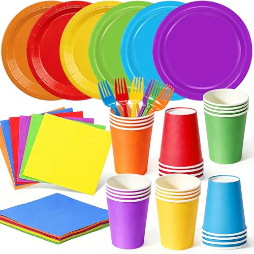120Pcs Colorful Paper Party Plates Cups and Napkins, Party Tableware Set | 6 Colors Birthday Plates for Birthday, Picnic, Graduation, Baby Shower, Wedding, Holidays