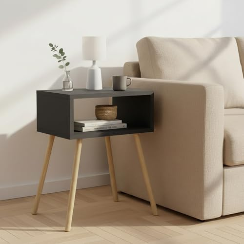 CARENZA HOME Nachttisch mit offenem Fach Skandinavisches Design Massivholz-Beine Beistelltisch Schlafzimmer Wohnzimmer 44x29x66,5 cm (Anthrazit, Asia)
