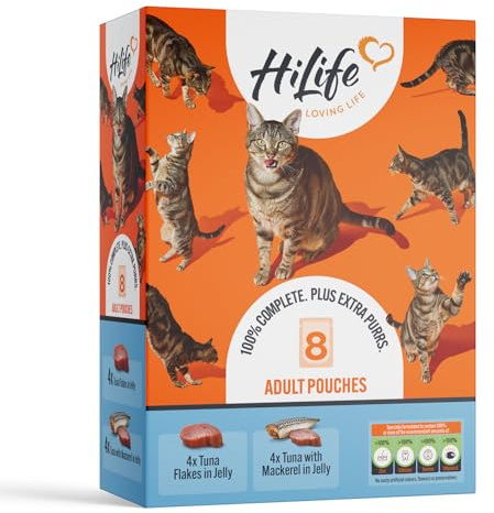 HiLife Adult Wet Cat Food, Mixed Tuna in Jelly Recipes, Complete Cat Food Pouches, 100% Natural and Grain Free, Tuna Flakes / with Mackerel(8 x 70g Pouches)