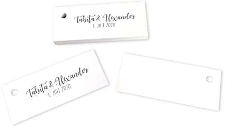 28 Kärtchen personalisiert mit Namen & Hochzeitsdatum 7,5 x 3 cm grau - Gastgeschenke Hochzeit Goldhochzeit Bastelbedarf