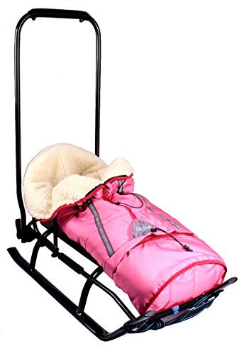 Skyline 3in1 Kinder Schlitten mit Rückenlehne, Fußsack, Schiebegriff und Gurt aus Aluminium (Pink&Graphite)