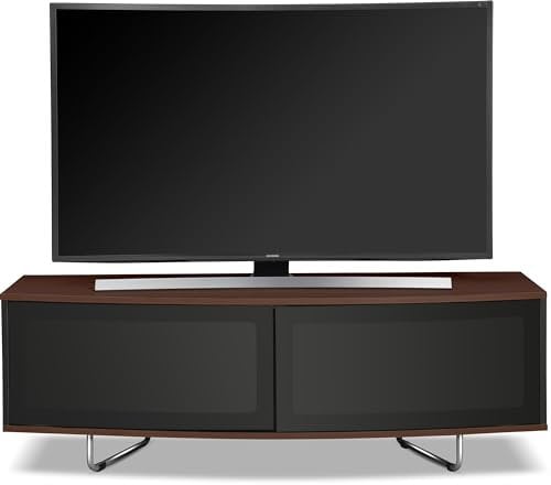 Homeology Caru Gloss Black and Walnut Beam-Thru Remote Friendly Super-Contemporary D Shape Design 32-65 LED/OLED/LCD TV Cabinet
