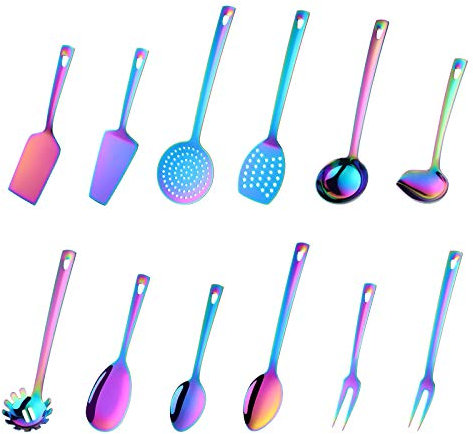 SBOMHS Küchenhelfer Set 12 Stück Edelstahl Küchen Utensilien Titan regenbogen Küchenzubehör Kochgeschirr Set, Home Kitchen Cooking Tools Küchen Utensil