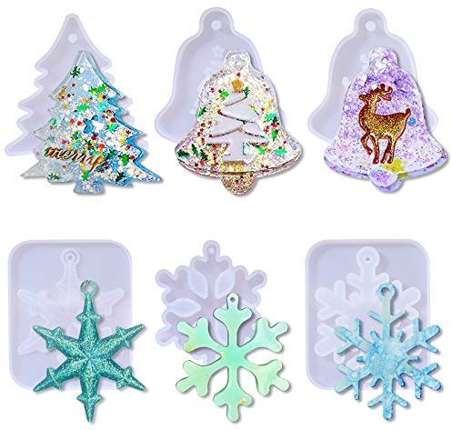 PHOGARY 6 STK Epoxidharz Formen, Silikonform (Weihnachten Anhänger), Harz Formen Set, Resin Form Harz Ggießen Formen für Weihnachtsschmuck DIY Schneeflocken Weihnachts Baum Hängeornamente