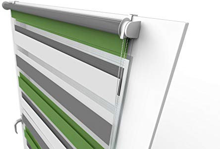 Aloha Doppelrollo Zebrarollo Duo Rollo Sonnenschutzrollo Klemmrollo Fensterrollo Sichtschutz Klemmfix ohne Bohren für Fenster & Türen (Trio: Grau-Grün-Weiß / 125x150cm / Breite x Höhe)