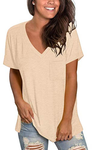MOLERANI Summer T Shirts for Womens V Neck Basic Tops Short Sleeve Loose Casual Blouses Apricot L