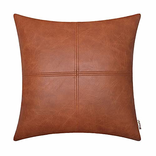 BRAWARM Hochwertiger Kissenbezug für Sofa, Couch, Heimdekoration, einfarbig, luxuriöses Kunstleder, handgenäht, 40cm x 40cm Cognac