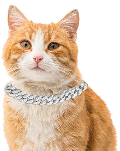 Halukakah Goldkette Iced Out für Katze,Diamant Kubanische Halskette Kragen 14MM Platin Weißgold Überzogen 18cm Größe XS mit KOSTENLOSER Geschenkbox,Nur Dekoration