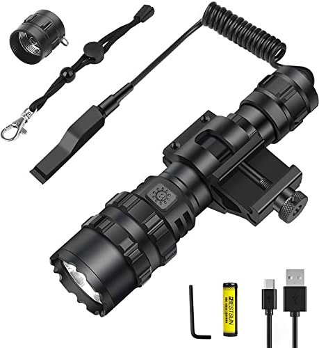 Linterna táctica 3000 lúmenes Super Bright L2 Linterna LED USB recargable 5 modos de luz con montaje en riel Picatinny e interruptor de presión 18650 Batería incluida para caza y pesca