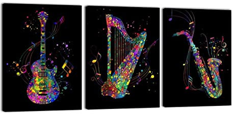ZHONGYUTONG Saxophon Gitarre und Harfen mit Musiknoten Musikinstrument Leinwand Kunstdruck mit Rahmen 3-teilig Gemälde Poster Bild Abstrakte Musik Wanddekoration (60x90cmx3 Stück)