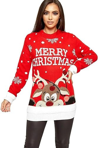 LUXFAB Women's Knitted Merry Christmas Long Sleeve Xmas Tree Ladies Pom Jumper 8-24