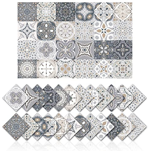 Cendray 24Pz Adesivi per Piastrelle Decorazione Murale Bagno Cucina Parete Adesivi Impermeabile PVC Adesivi Decorazione - Fai da Te retrò Grigi Adesivi (10x10cm)