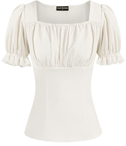 Peasant Tops for Women Vintage Puff Sleeve Square Neck Renaissance Shirt White M