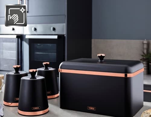 TOWER Cavaletto Modern & Contemporary Black Bread Bin and Set of 3 Tea, Coffee & Sugar Canisters. Kitchen Storage Set in Stylish Matte Black Finish with Elegant Rose Gold Accents