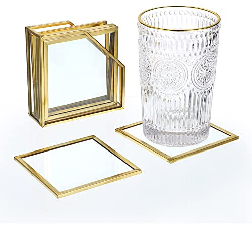 SUMTree Dessous de verre carré en verre doré avec support, Sous Verre