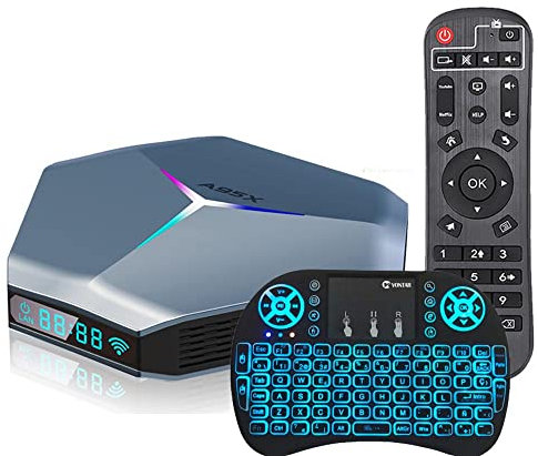 Android TV Box 11.0 4GB RAM 128GB ROM Set Top Box Smart TV Box Amlogic S905W4 Ultra HD 8K HDR Wifi 2.4G 5.8Ghz BT 5.2 USB 2.0 Con Mini Tastiera Wireless Retroilluminata,2gb+16gb