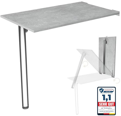 KDR Produktgestaltung Wandklapptisch Schreibtisch Tischplatte 80x50 cm in Betonoptik Klapptisch Esstisch Küchentisch für die Wand Höhe Tisch 74 cm zur Wandmontage mit Tischbein klappbar