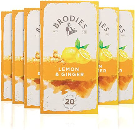 Brodies Lemon & Ginger Tag and Envelope - 6 Tea Boxes of 20 Tea Bags each (120 Tea Bags) - Revitalising infusion based on lemon and ginger. Caffeine Free