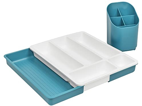 URBNLIVING Plastic Expandable Drawer Kitchen Extendable Organiser Cutlery Space Saving Compact Utensil Tray With 7 Holder Compartments and Matching Cutlery Drainer Sink Caddy (Teal)