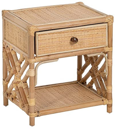 LOLAhome Mesita de Noche de 1 cajón de Rejilla de Rattan Natural de 45x35x50 cm