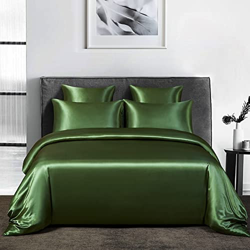 Michorinee Housse de Couette Satin 140x200 Vert Olive avec Taie d'oreiller 65x65 cm Parure de Lit Adulte 1 Personne Linge de Lit Satin de Soie Brillante avec Fermeture Éclair