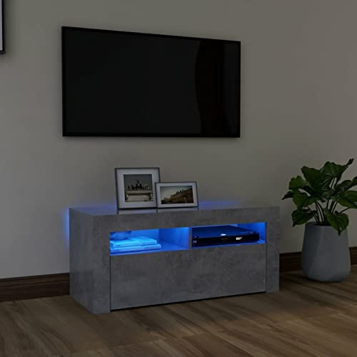 DJEKA Meuble TV LED Meuble TV Bois Meuble TV Haute Banc TV Meuble Television Meuble TV avec Rangement Table TV Salon Banc TV-Gris béton-90x35x40 cm