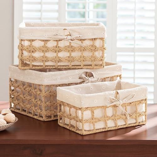 GIB Wicker Storage Basket, Small Baskets for Organizing, Woven Rope Baskets with Liners, Rectangular Cube Storage Bins for Table Shelves Boho Decor, 13.5, 12 & 10, Set of 3