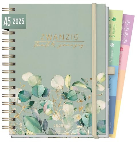 Häfft® Lieblings-Timer Deluxe Kalender 2025 A5 Minty Leaves Terminplaner, Spiralkalender, Terminkalender, Wochenplaner, Ringbuch Planner - nachhaltig & klimafreundlich